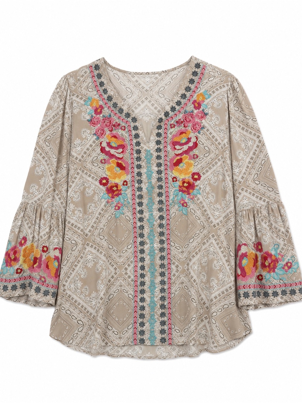 Savanna Jane 2X Taupe Paisley Floral Embroidered Boho Bell Sleeve Tunic